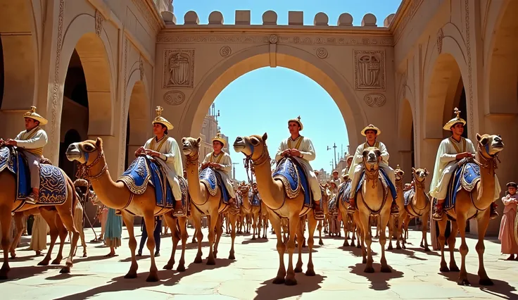 1950s, still film, Image is a widescreen movie still depicting a grand procession of camels and riders in an ancient architectural setting. The scene is framed by large stone arches with intricate carvings, suggesting a historical or epic film. The camels ...