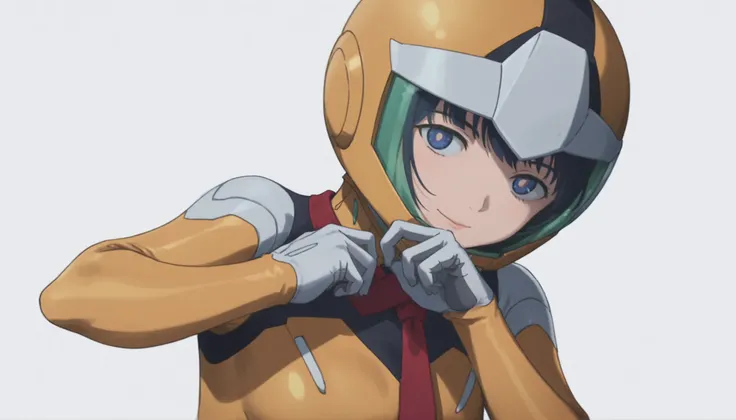 profile、simple background, white background, deep, ANIMATED SCREEN CAPTURE,Anime Coloring, Shiiko 2, helmet, solo, stares at viewers, gloves, blue eyes, smile, red ties, 1 girl, white gloves, ties,yellow bodysuit,pilot suit,stares、hatred、 with your lips ti...