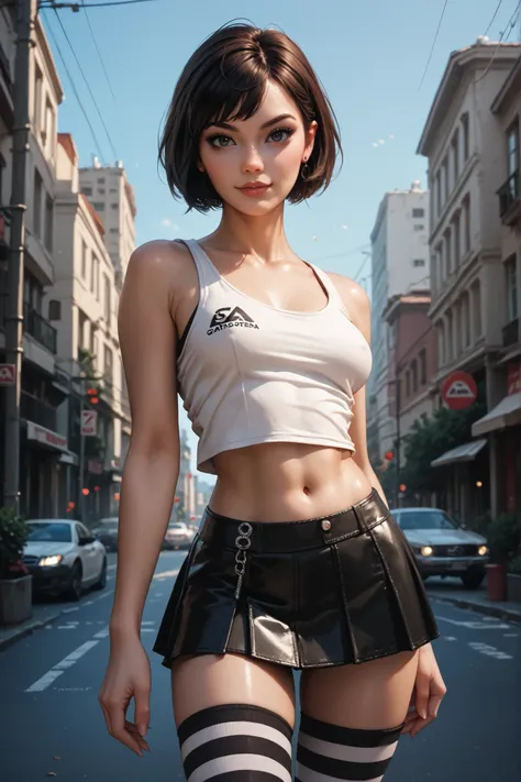 Realistic Comic Style, GTA-like Colors,  1girl, looking at viewer, short hair, mini skirt,tank top, white and black striped thigh-highs,  outside, shiny