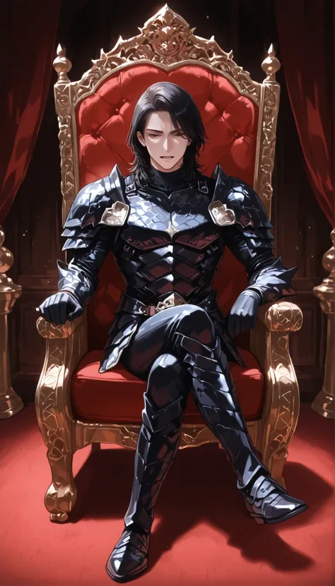 yakuza young boy, sitting on the throne, red chair, talking, medium hair, handsome, black dragon armor suit, background, japanese dragon room