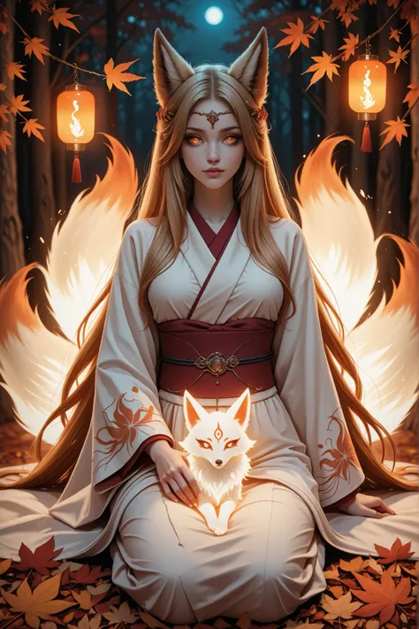 A captivating portrait of a fox spirit woman (kitsune) with otherworldly beauty. She has long, flowing hair the color of burning autumn leaves, and intelligent amber eyes that seem to glow in the twilight. Delicate fox ears peek through her hair, and behin...