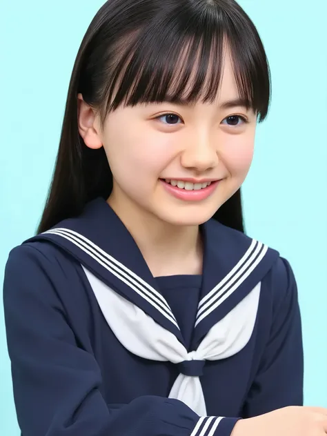 long hair, ((black hair:1.3)), bangs, elementary school student, wearing sailor suit, dark blue, Long sleeve , upper body, small eyes, make up, (smily, teeth:1.0), ((looking away:1.3))