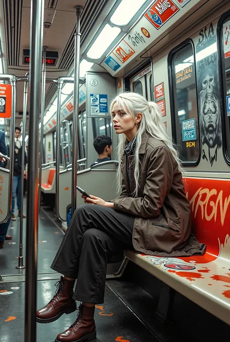 (8k, best quality, masterpiece), ( realistic , photo realistic : 1.37), very detailed, {office lady riding a subway train full of graffiti } , Detailed depiction of white dreadlocks , half mohawk、 correct skeleton 、dreamy,超 realistic な混合ファンタジー世界,...