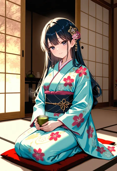 A graceful Japanese woman in a luxurious, colorful kimono sits in a traditional Japanese tatami room. She is kneeling in a formal seiza posture, gently holding a cup of green tea and enjoying its aroma with a serene expression. Her long black hair is adorn...