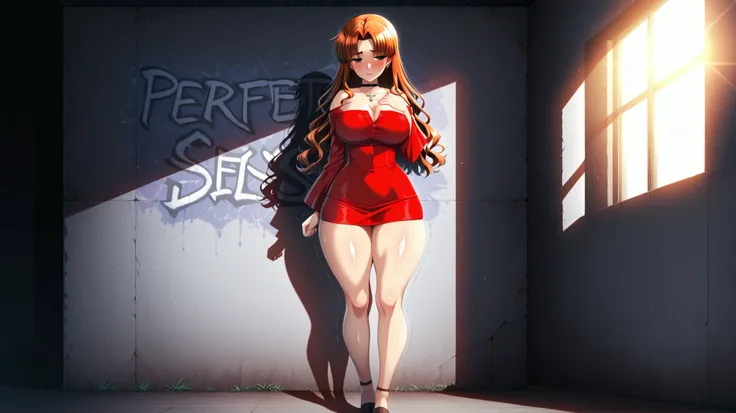  Kamoshige Chisato ( jokei kazoku ) (silkys style) a beautiful young woman wearing a red dress with a hoodie and a cross necklace on her neck and chest, standing in front of a graffiti covered walllooking at something in the distance with hand on her chest...