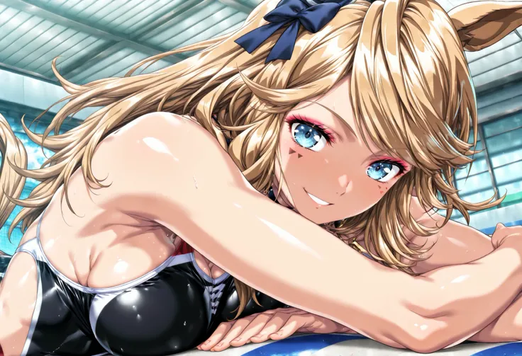 masterpiece, Highest Quality, newest, high resolution,  (1 girl on break day:1.4), Yokota Mamoru Style,motion line,very straight nose，  slim,thin face,perfect nose,staring at the viewer,charming smile、face up、competitive swimsuit,blue competitive swimsuits...