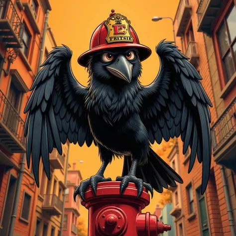 Vector Style , ((comic art)) , (cartoon style) a 5 , Vector-style, Vintage 70s action comic, Vector Style, lowbrow art, A full-body image of a strong, courageous black anthropomorphic crow firefighter perched proudly on a red fire hydrant (or alternative...