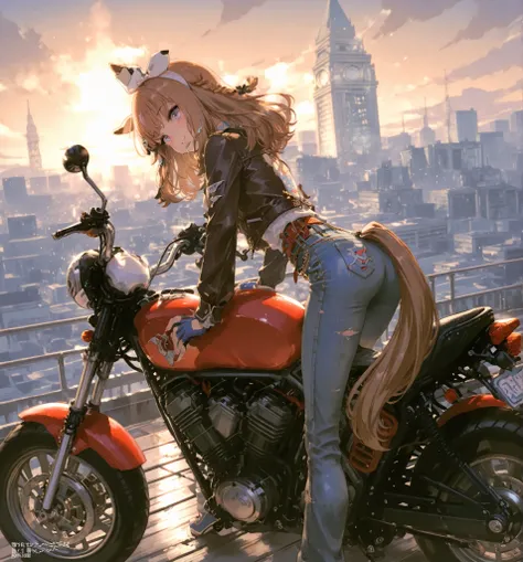 masterpiece、almond eye(uma musume)、yabuki、High Quality、8K、1 girl, Scout Bobber, Leather jacket, denim pants, ride motorcycle、Cityscape background