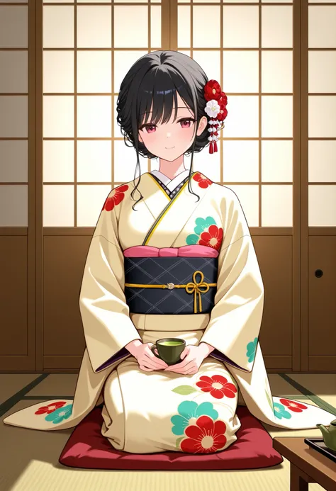 A graceful Japanese woman in a luxurious, colorful kimono sits in a traditional Japanese tatami room. She is kneeling in a formal seiza posture, gently holding a cup of green tea and enjoying its aroma with a serene expression. Her long black hair is adorn...