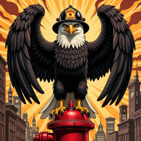 Vector Style , ((comic art)) , (cartoon style) a 5 , Vector-style, Vintage 70s action comic, Vector Style, lowbrow art, A full-body image of a strong, courageous American Eagle firefighter perched proudly on a red fire hydrant (or alternatively, a large...