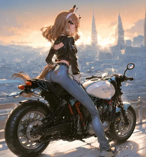 masterpiece、almond eye(uma musume)、yabuki、High Quality、8K、1 girl, motorcycle, Scout Bobber, Leather jacket, denim pants, ride motorcycle、Cityscape background