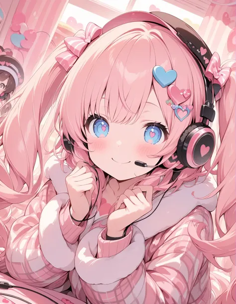 masterpiece、twin tail、heart shape hair ornament、wear a cap, plaid coat、((headphone)), smile、Focus on the face, cute girly room