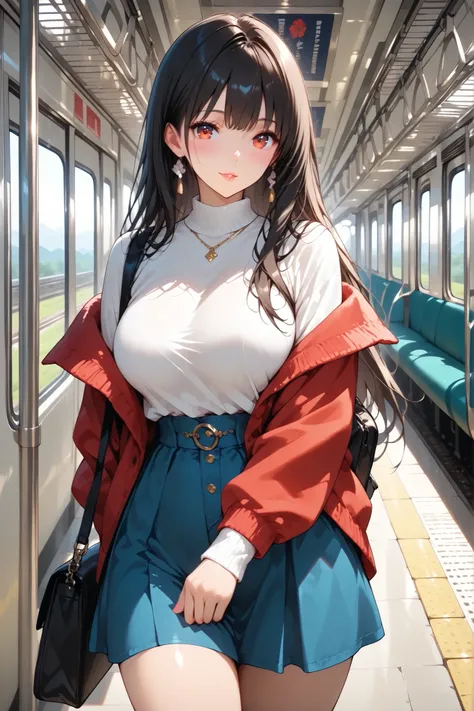 (  Premium)( Artistic )( Beautiful Face) beautiful Japanese woman,    casual wear,  While riding a train ,  