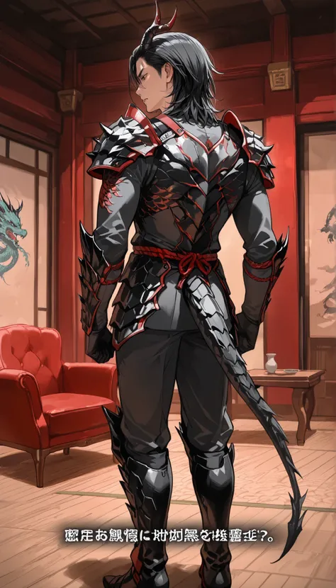 yakuza young boy, standing, dragon horn, red chair, talking, medium hair, handsome, black dragon armor suit, dragon boots, background, japanese dragon room, close view