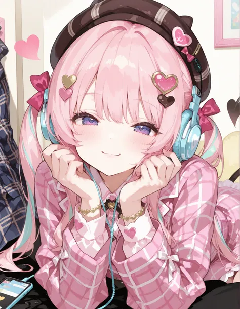 masterpiece、twin tail、heart shape hair ornament、wear a cap, plaid coat、((headphone)), smile、Focus on the face, cute girly room