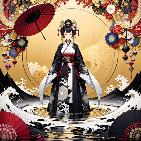 white fur stole, smiles shyly, numerous beautiful Japanese umbrellas, very beautiful red object, ((( gold background, Plum World))), 8k wallpaper with a sense of unity, ultra details, beautifully refined, Highest Quality, ( zentangle , Mandala, Tangle, T...