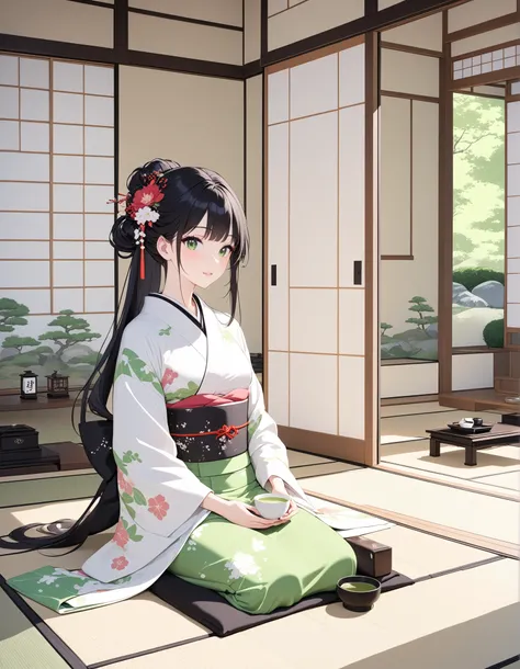 A graceful Japanese woman in an elegant, colorful kimono sits formally in seiza position in a traditional tatami room. She gently holds a cup of green tea, savoring its aroma with a calm expression. Her long black hair is styled with a delicate kanzashi ha...
