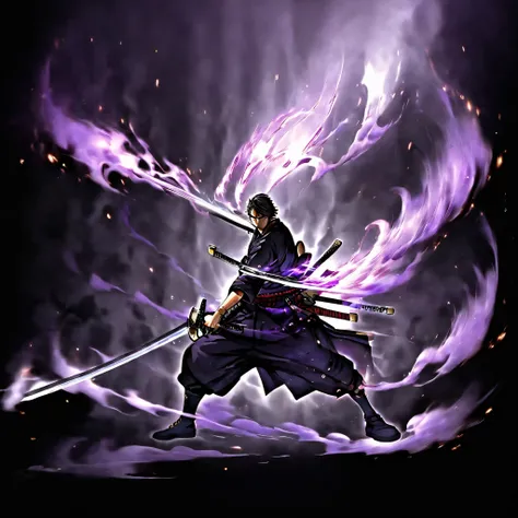 Highest Quality, Super fine, 16k, unbelievably absurd, very detailed,   Swordsman  , Strong Samurai, Dull Shining Sword, Black Purple Metal Arms, Purple Ominous Aura,Battle System, wind, wind-effect, Background is black and purple flame