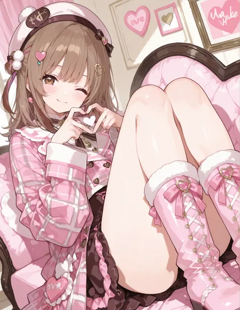 masterpiece、brown hair、heart shape hair ornament、wear a cap, plaid coat、((make heart with her hands)), wink and smile, girly boots, cute girly room