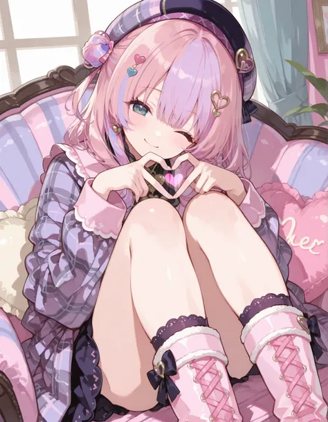masterpiece、Half purple and half pink hair、heart shape hair ornament、wear a cap, plaid coat、((make heart with her hands)), wink and smile, girly boots, cute girly room