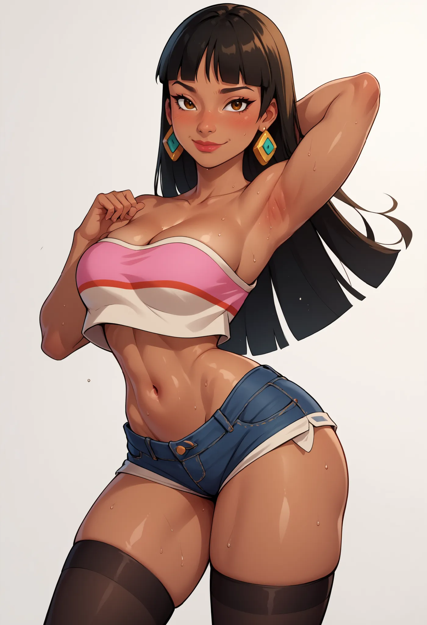 score_9, score_8_up, score_7_up, source_anime BREAK 1girl, solo,   cheldorado, 1girl, solo, long hair, large breasts, smile, bangs, black hair, navel, bare shoulders, jewelry, earrings, midriff, dark skin, blunt bangs,, dark-skinned female, lips, looking a...