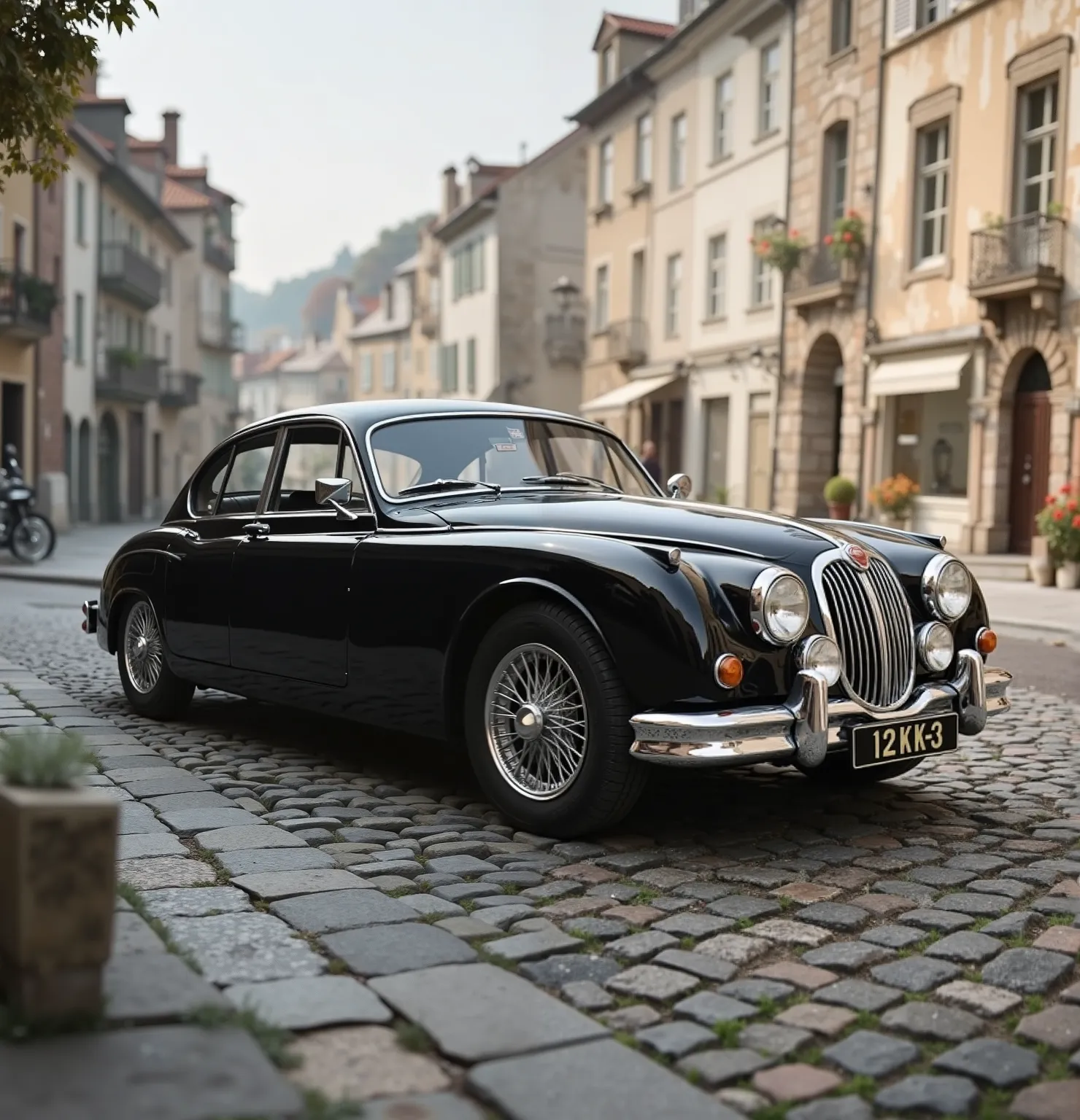 ultra-realistic 16k resolution, A car with a minimalist design in the 1955 Jaguar Mk1 will be added, spoke wheels, And black objects, parked on a cobblestone street in a historic European town