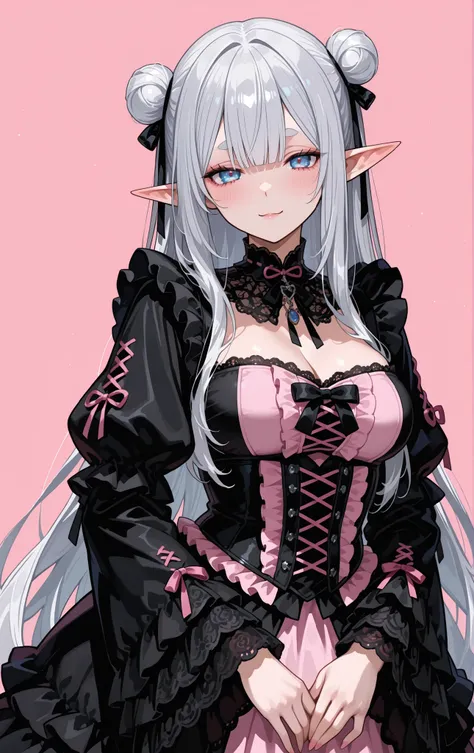 chubby mature woman, elf ears, blue irises, blue eyes, half-lidded almond-shaped eyes, medium breasts, pink and black japanese gothic dress with lace and frills, black silk bolero with flowing kimono sleeves and high neckline, double buns with straight ban...