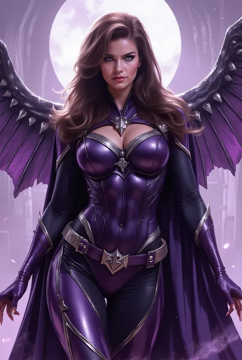  Made a marvel comic character Lay Death . Wearing a dark purple and silver colour costume . Her Face is adorable . Made her as a comic character . big  shown out from the costume .

