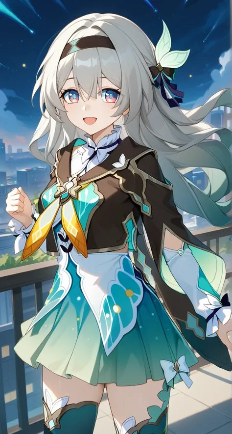 masterpiece,best quality,highres,ultra-detailed,glass cover,alternate color,score_9, score_8_up , score_7_up,dynamic angle,1girl,pretty,(Firefly,Honkai:Star Rail),grey hair,hairband,long hair,jacket,purple eyes,black jacket,white shirt,black hairband,hair ...