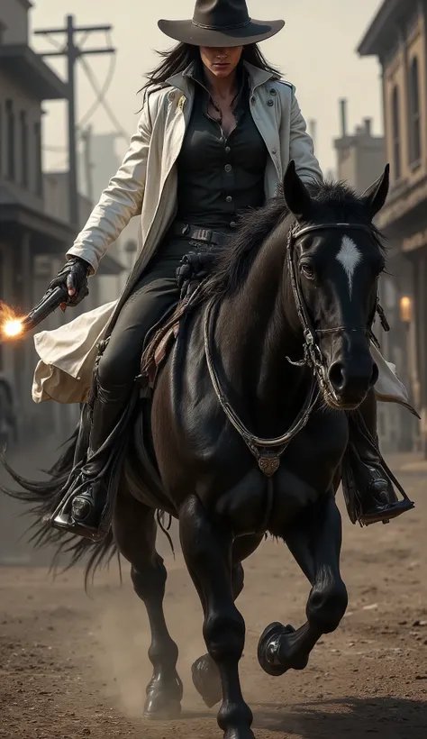 Hyper-realistic cinematic action scene of a female Western gunslinger in medium shot, astride a black stallion, riding through a cold, filthy old town. The gunslinger wears a white leather overcoat that billows behind her in the wind, and a wide-brimmed ha...
