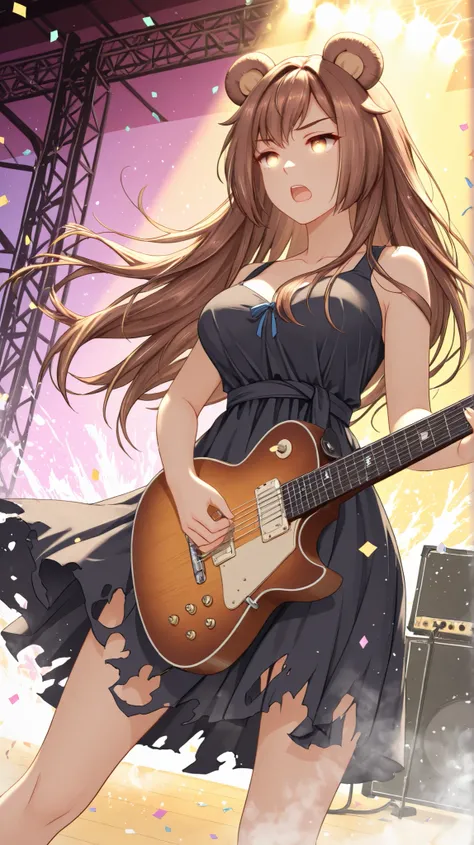 masterpiece, best quality, newest, pifpuf, 1girl, brown hair,long hair, animal ears, bear ears, brown eyes, medium breasts,guitar, playing guitar, glowing eyes, concert hall, concert, sophites, multicolored paint, fog, open mouth, dutch angle, dramatic lig...