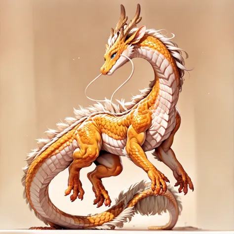 [Female Eastern Dragon] with Yellow Scales, White Underscales, Dark-Blue eyes, Tan Horns, long snout, Sharp White Back Spikes, long (Slightly Fat body) with 2 arms, floating.
(Smiling Expression).
(Solo), (Front View: 1.4), (Side View: 1.3), (Full Body Vie...