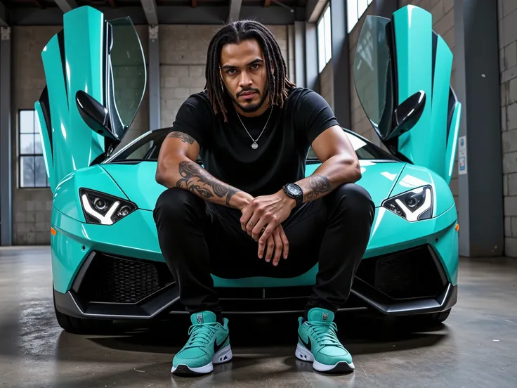 crouch under your stomach、does a fucksign with one hand, He has dreadlocks and, Dressed in casual black attire with stylish sneakers、Wearing a watch and a silver necklace. in the background 、Illustrated in an exotic turquoise sports car with open gullwin...