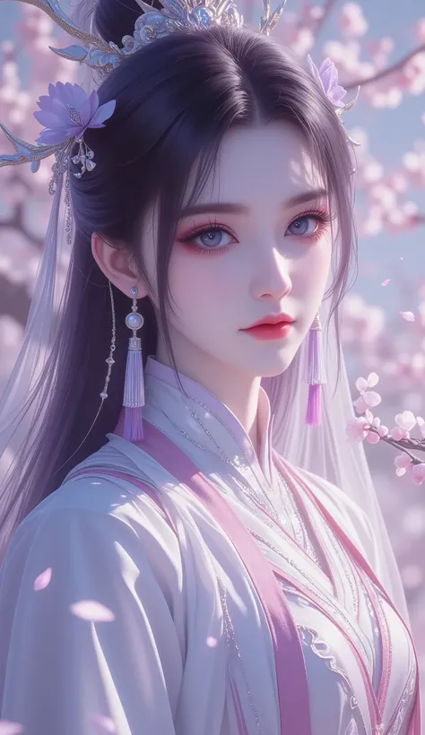 Chinese Fairy Tales character, extremely details, high detailed face, (mature woman, milf), extremely busty, cool beauty, living expressions, (cold gaze, cold eyes, blue eyes), expressionless, black hair, dark purple highlight, Straight hair, dark hair, sh...
