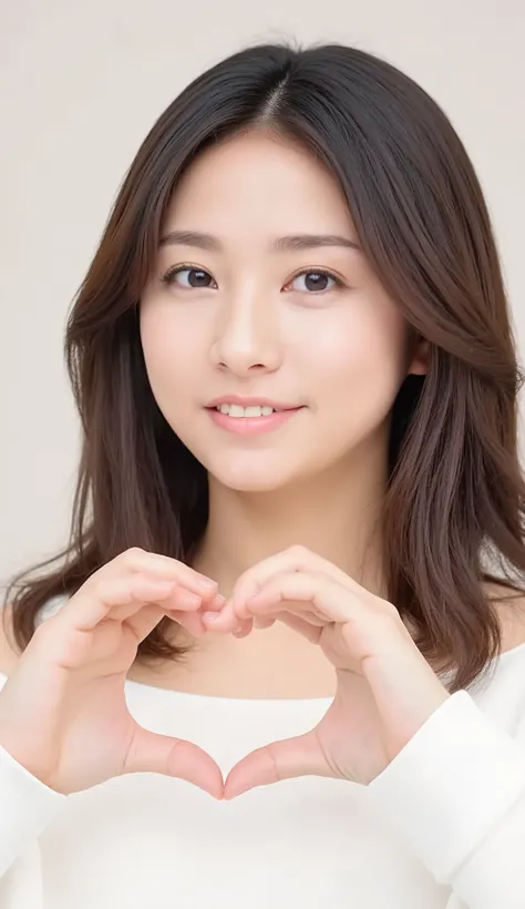 a woman with a cute smile is cute, fluffy off-shoulder pajamas, make a big heart with both hands, posing with arms in front of chest, View above the collarbone、 background is monotone 、