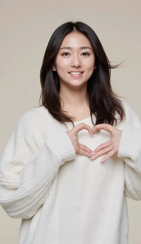 a woman with a cute smile is cute, fluffy off-shoulder pajamas, make a big heart with both hands, posing with arms in front of chest, View above the collarbone、 background is monotone 、