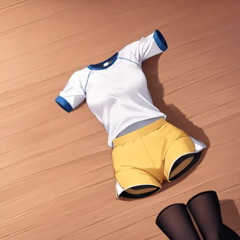 (invisible:1.5, no humans:1.5, headless:1.5, faceless:1.5), ( aarosa, shirt, raglan sleeves, short shorts, yellow shorts, pantyhose under shorts, black pantyhose, dynamic pose:1.2), lying on bed, (big breast), (best quality, masterpiece:1.2), (((detailed c...