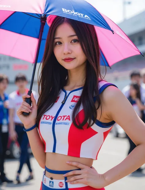 holding a large pink blue umbrella. She has long dark hair is posing with one h on her hip the other holding the umbrella with the other. there are several race cars spectators.,(衣服にはスポナーのロゴがある "トヨタ" "GAT1":1.5),レースクイーン,ノースリーブ,美しい日本の女の子,动态角度,20歳,パンティストッキング...