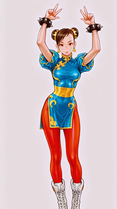 1 girl,solo,Chunli,Pantyhose,dress,,hair bun,Chinese clothes,Pelvic Curtain,bracelets,spike, jewelry,china dress,double bang,band,spiked bracelets,brown hair,standing , buncover,boots,brown eyes in the bedroom,standing、 super face up looking at the viewer、...
