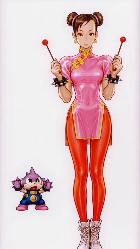 1 girl,solo,Chunli,Pantyhose,dress,,hair bun,Chinese clothes,Pelvic Curtain,bracelets,spike, jewelry,china dress,double bang,band,spiked bracelets,brown hair,standing , buncover,boots,brown eyes in the bedroom,standing、 super face up looking at the viewer、...