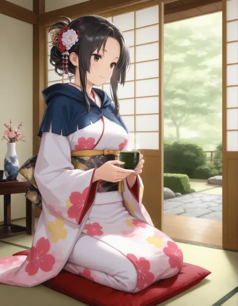 A graceful Japanese woman in an elegant, colorful kimono sits formally in seiza position in a traditional tatami room. She gently holds a cup of green tea, savoring its aroma with a calm expression. Her long black hair is styled with a delicate kanzashi ha...