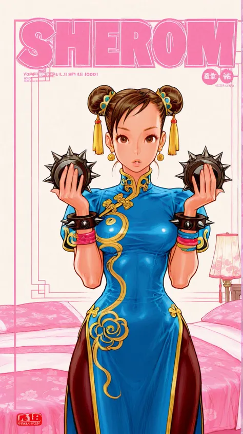  super zoom up on her face 、1 girl,solo,Chunli,Pantyhose,dress,,hair bun,Chinese clothes,Pelvic Curtain,bracelets,spike, jewelry,china dress,double bang,band,spiked bracelets,brown hair,standing , buncover,brown eyes in the bedroom,standing、 super face up ...