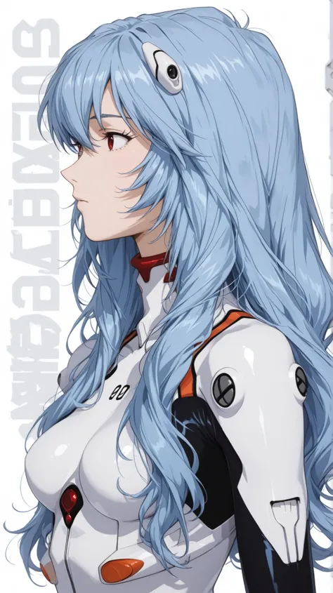 Ayanami Rei
Ayanami Rei、girl in black、long wave hair、white bodysuit、plug suit on background、pilot suit、profile、upper body up、white background