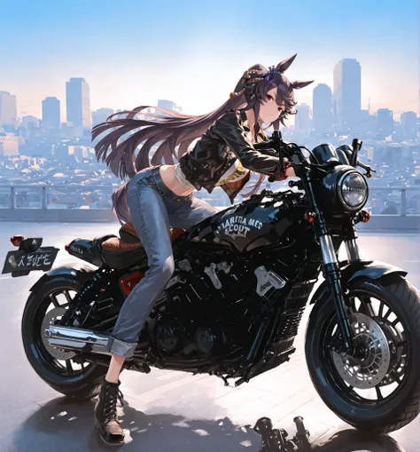 masterpiece、Narita Brian(uma musume)、yabuki、High Quality、8K、1 girl, motorcycle, Scout Bobber, Leather jacket, denim pants, ride motorcycle、Cityscape background