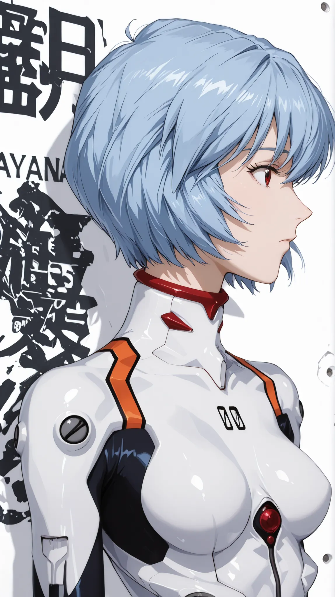 Ayanami Rei
Ayanami Rei、girl in black、short bob hair、white bodysuit、plug suit on background、pilot suit、profile、upper body up、simple white background