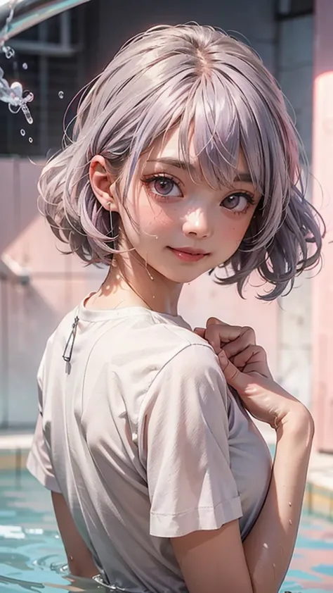beauty, high nose, long lashes,pink lips, closed mouth, PASTEL COLOR, Purple, dull pink, Dal Blue, light, Fluttering Hair,big eyes, inner color hair, turn around, gets wet, short hair, cute, shiny, charm, Genuine,null, smile,Wolfhair, big white t-shirt, grey hair,smoke,