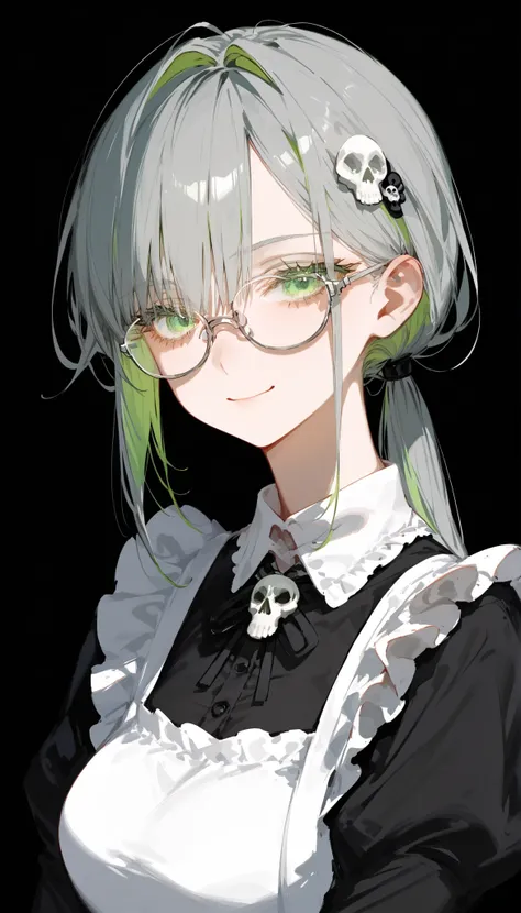 ,, gray hair,two tone hair,Green Hair,long hair,in green eyes,,medium size, Tomboy,Milf,black background,Long Eyelashes, in the form of a whole body.,Black maid dress ,Long Sleeve Maid Dress,Skull hairpin, low ponytail ,Wear clear glasses ,Upper Body Shape...