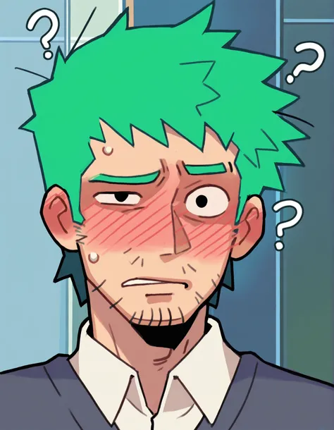 (best quality),  1man looking with question, close up on face, stubble, short green hair, messy, one eyebrow up, shy, awkward, university hall background