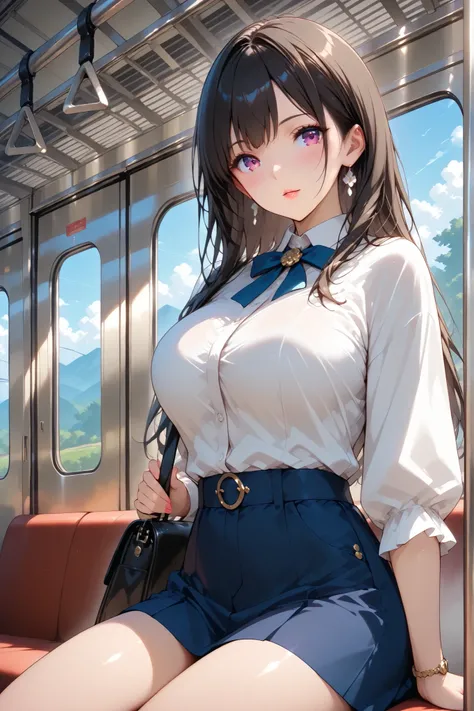 (  Premium)( Artistic )( Beautiful Face) beautiful Japanese woman,    casual wear,  While riding a train ,  