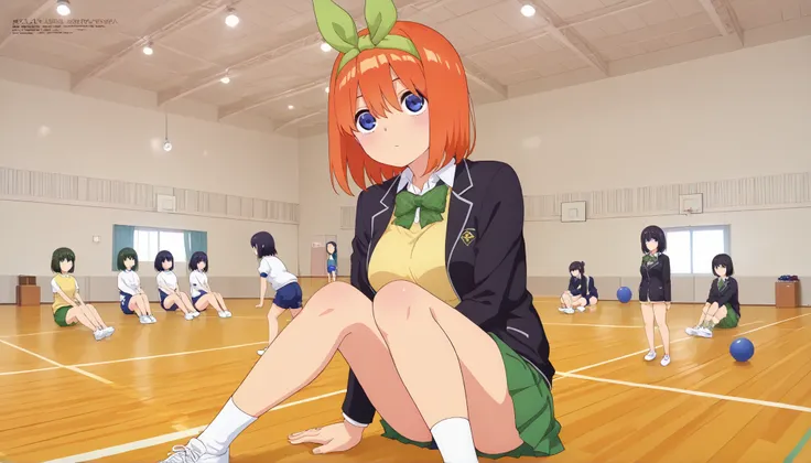 1girl, y0tsuba, large breasts, orange hair, blue eyes, short hair, hair between eyes green bow hairband, black blazer, open blazer, yellow sweater vest, white collared shirt, bowtie, plaid bowtie, green skirt, pleated skirt,y0tsuba, orange hair, blue eyes,...